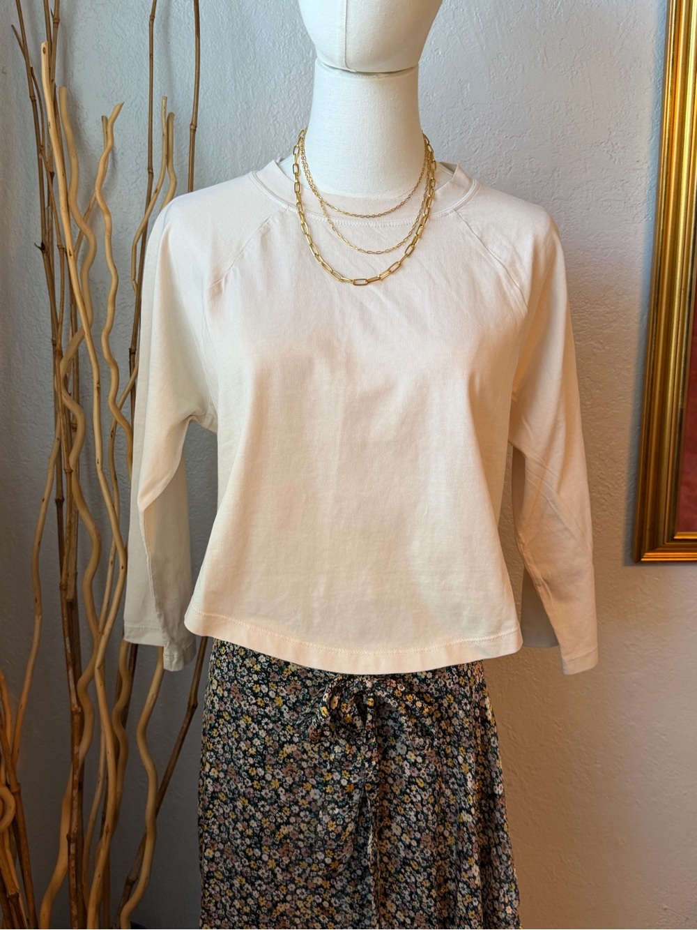 NWT L*Space Cream Ivory Women's Long Sleeve Crewneck Cotton Top Sz Medium
